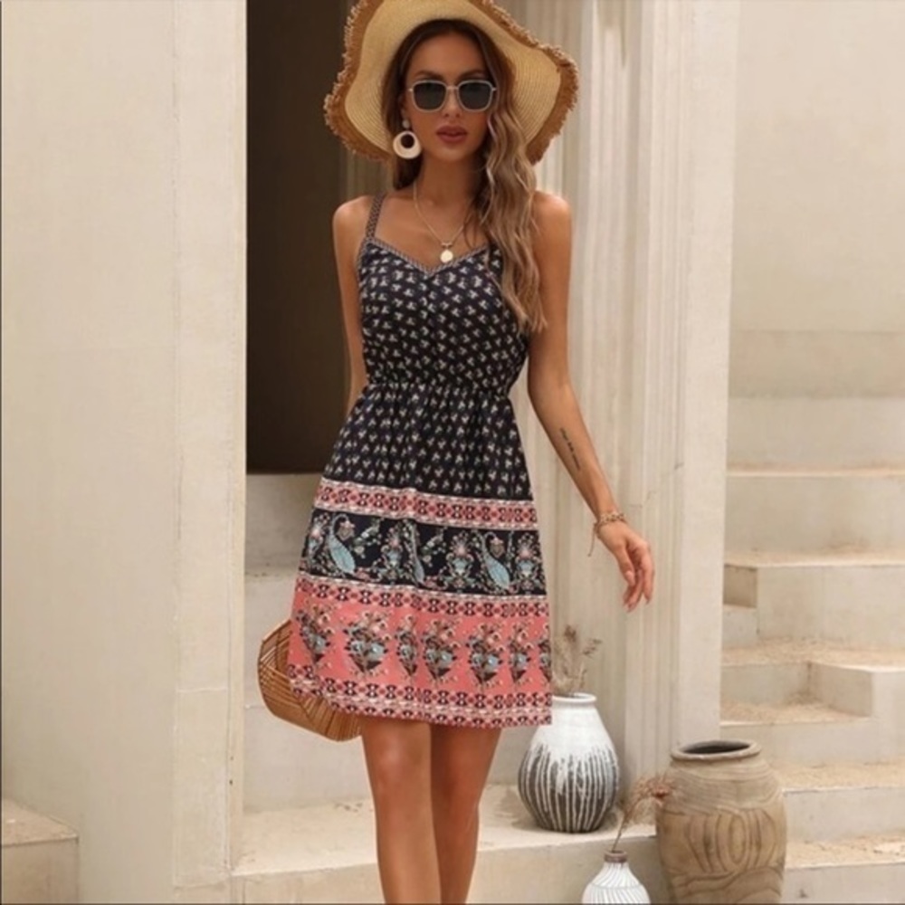 Floral Patterned Black and Pink Summer Dress